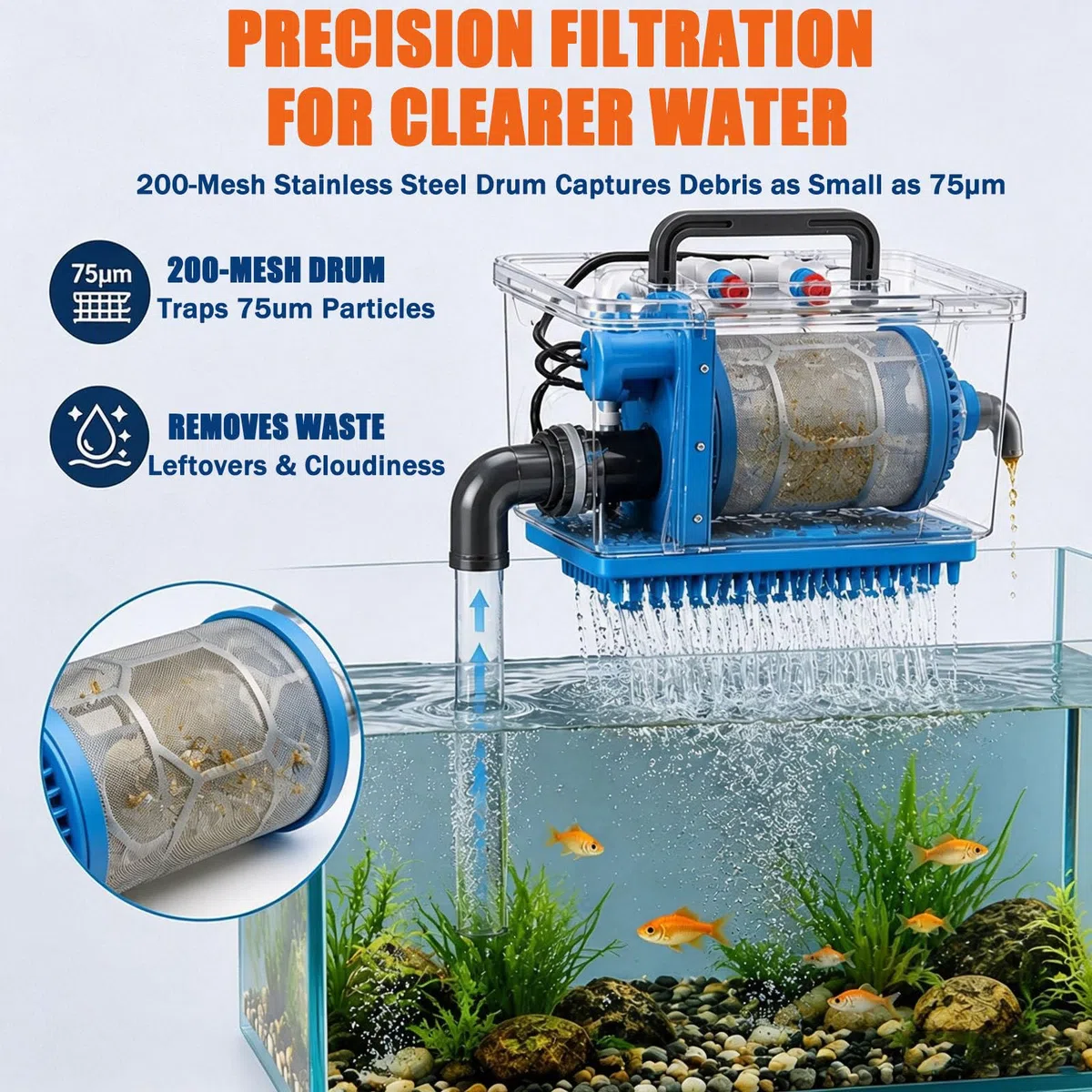 Microfiltro de tambor giratorio, malla de acero inoxidable de 200mesh,filtro de retrolavado automático,filtración de 75 μm,sistema de filtración de agua autolimpiante,para estanques de peces 5000L/H