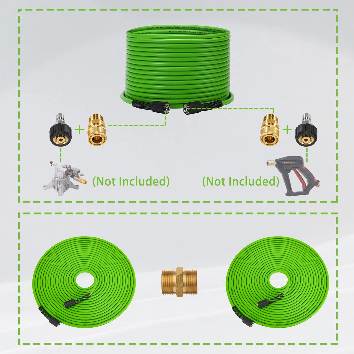 PWACCS Manguera de lavado a presión para lavadora eléctrica, manguera de extensión de lavado a presión resistente a torceduras de 3600 PSI, 100 pies x 0.25 pulgadas, manguera de lavado eléctrica