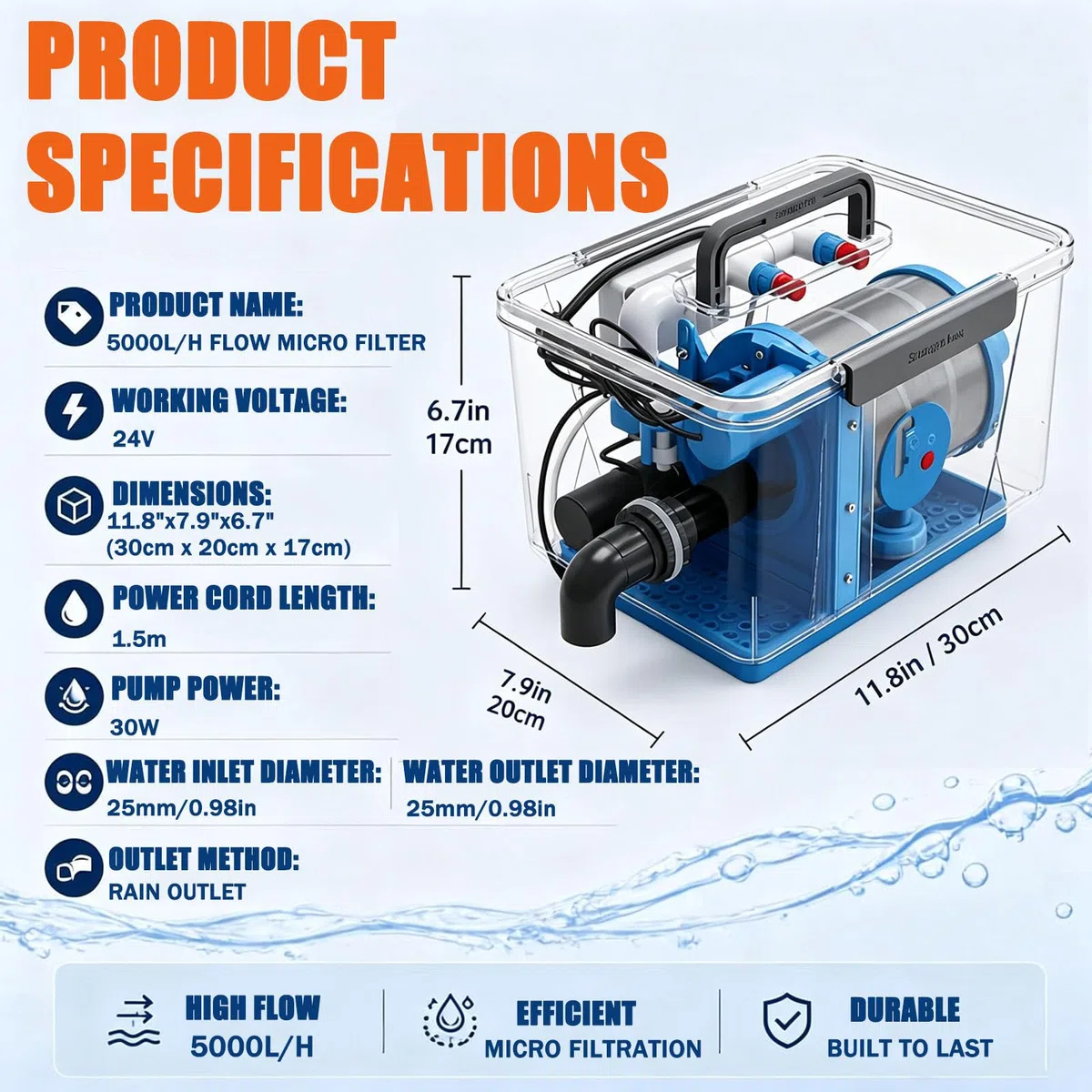 Microfiltro de tambor giratorio, malla de acero inoxidable de 200mesh,filtro de retrolavado automático,filtración de 75 μm,sistema de filtración de agua autolimpiante,para estanques de peces 5000L/H