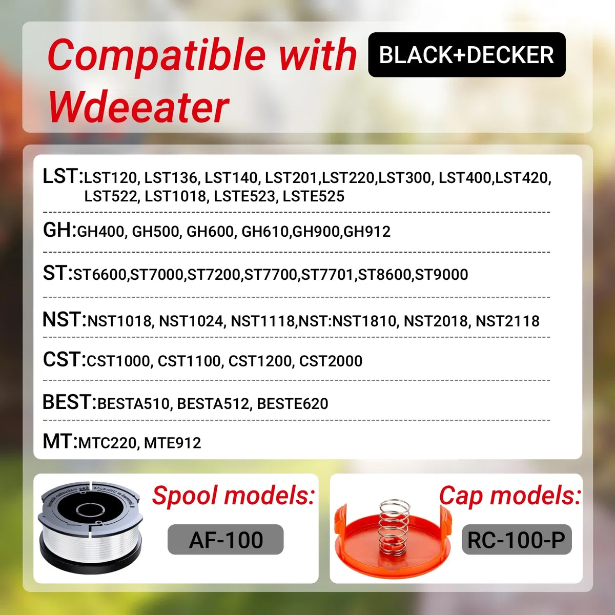 AF-100 - Línea de carrete de recortadora de 30 pies, 0.08 pulgadas, compatible con Black Decker GH900 LST522 GH912 GH600 GH400, AF-100-3ZP AF-100-BKP Bobina de repuesto con tapa de cubierta
